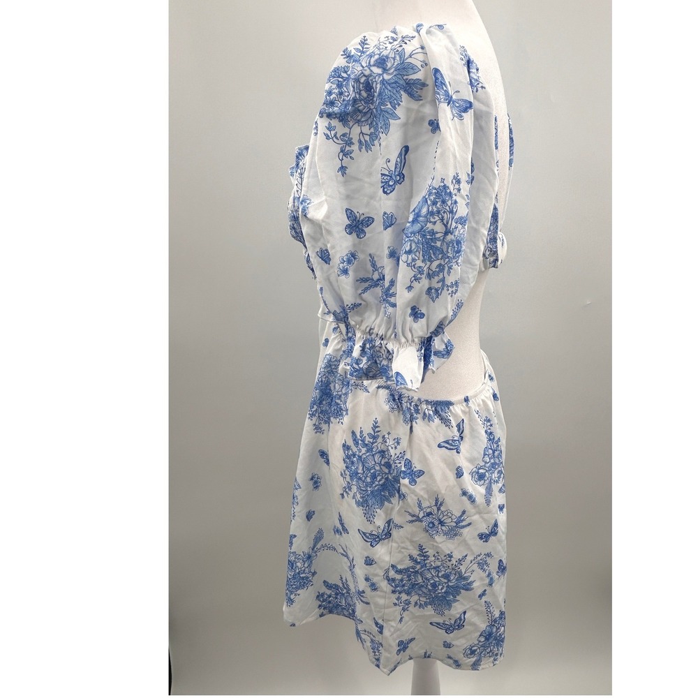 Womens Blue White Floral Cutout Mini Dress Puff Sleeve Cottagecore Boho Dress - Picture 5 of 14